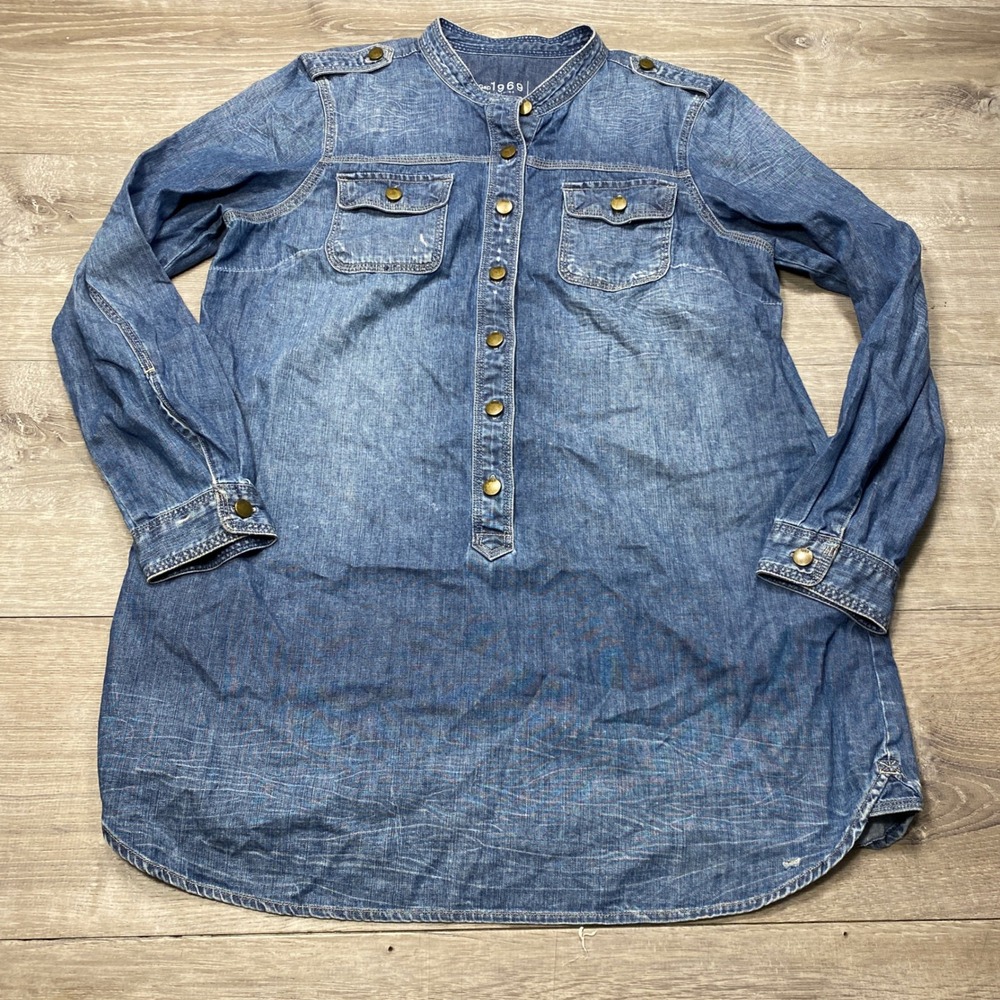 Gap 1969 Denim Tunic Top Womens Large Blue Long Sleeve Band Collar Casual Dress‎